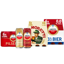 Birra Moretti tray van 6 flesjes à 30 cl
Amstel pilsener of Blond
tray van 6 flesjes/blikken à 30/33 cl,
tray van 24 blikken à 5